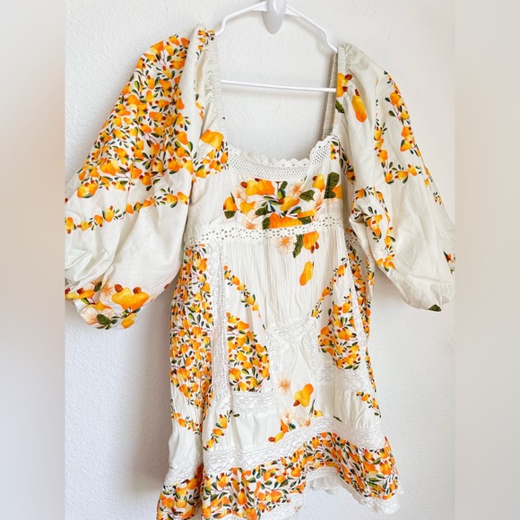 NWOT Farm Rio Cashew Puff-Sleeve Mini Dress Oversize Crochet Trim Boho XL - Picture 15 of 17